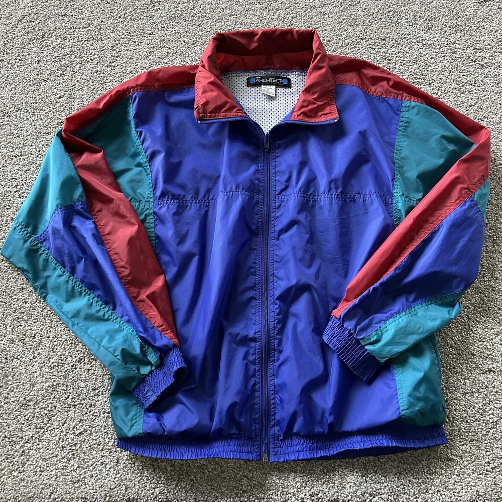 Vintage Architect Windbreaker Jacket Mens Medium Multicolor Full Zip Colorblock